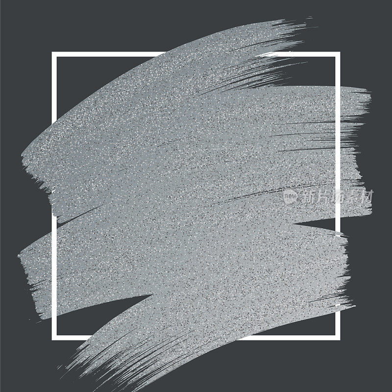 Silver Glitter Paint Brush Stroke with Frame on Black Background.